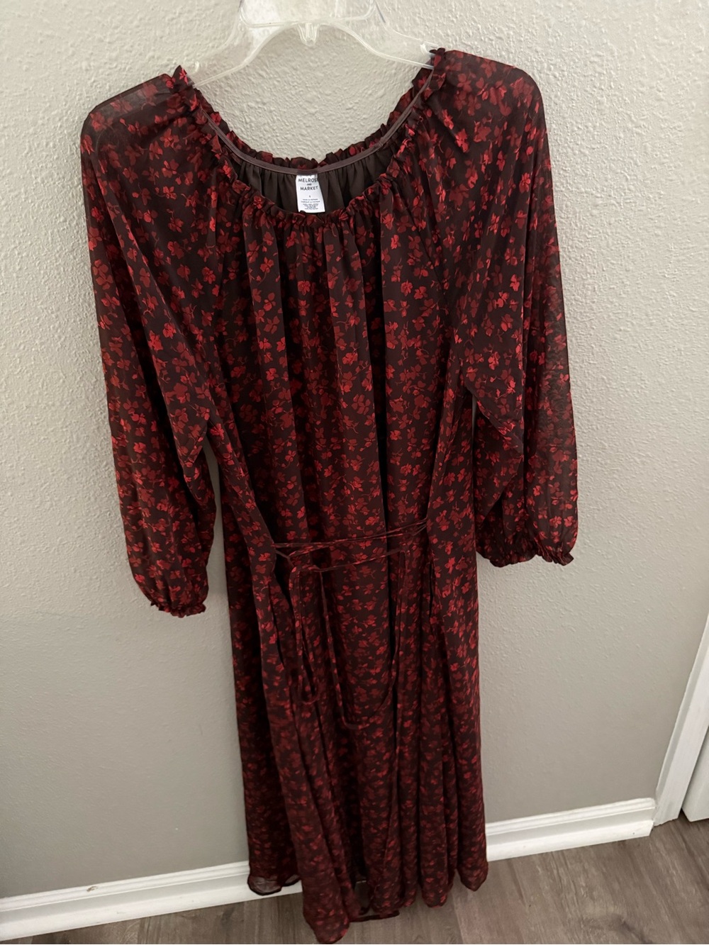 Women's Red Floral Long Sleeve Midi Dress